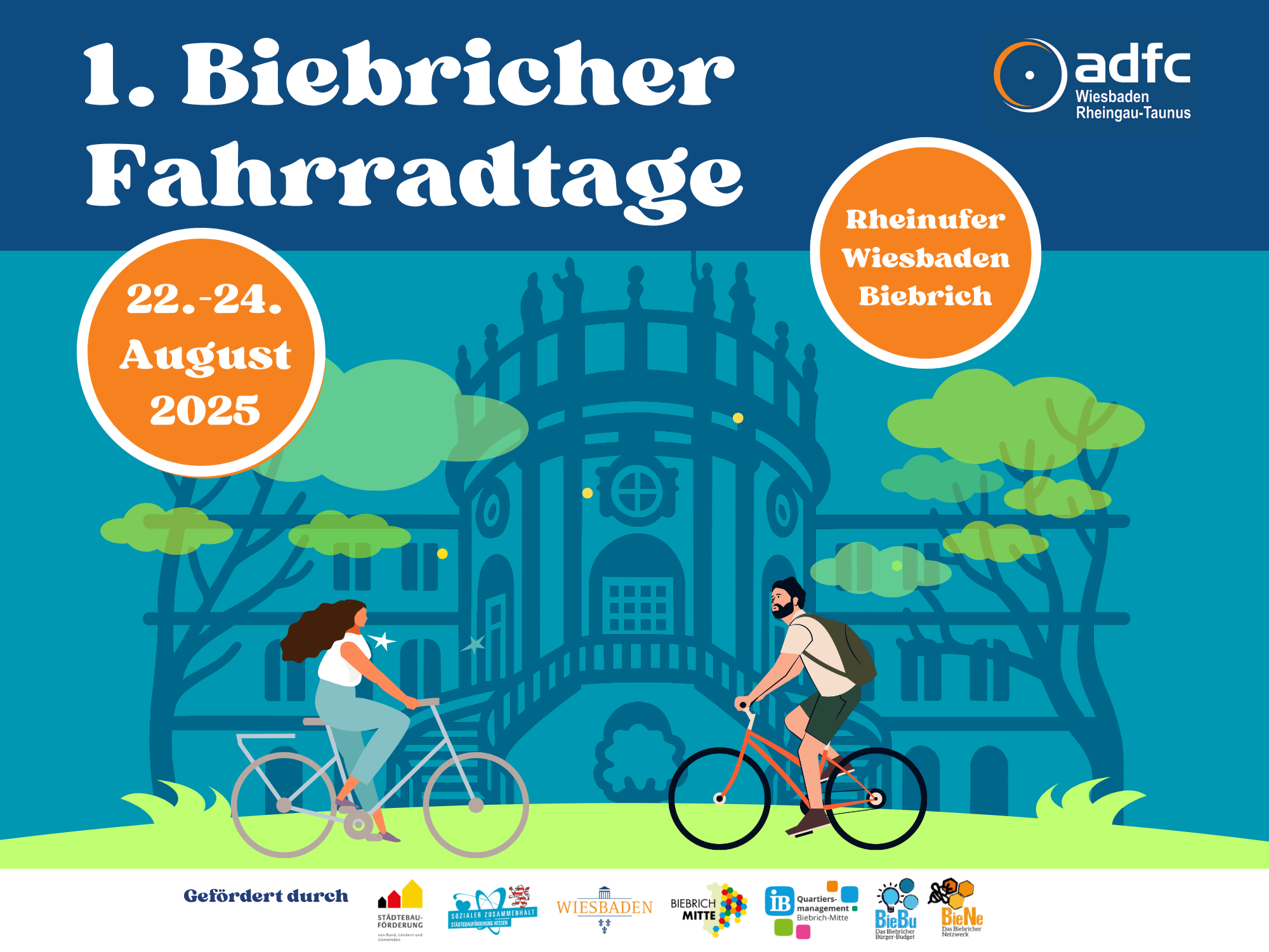 2 Personen auf Fahrrädern. Im Hintergrund das stilisierte Biebricher Schloss und einige Bäume. 