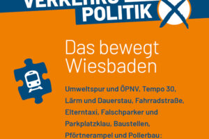 Das Bewegt Wiesbaden. Umweltspur und ÖPNV, Tempo 30, Lärm und Dauerstau, Fahrradstraße, Elterntaxi, Falschparker und Parkplatzklau, Baustellen, Pförtnerampel und Pollerbau: Kaum ein Thema erhitzt die Gemüter in der Stadt mehr als der Verkehr