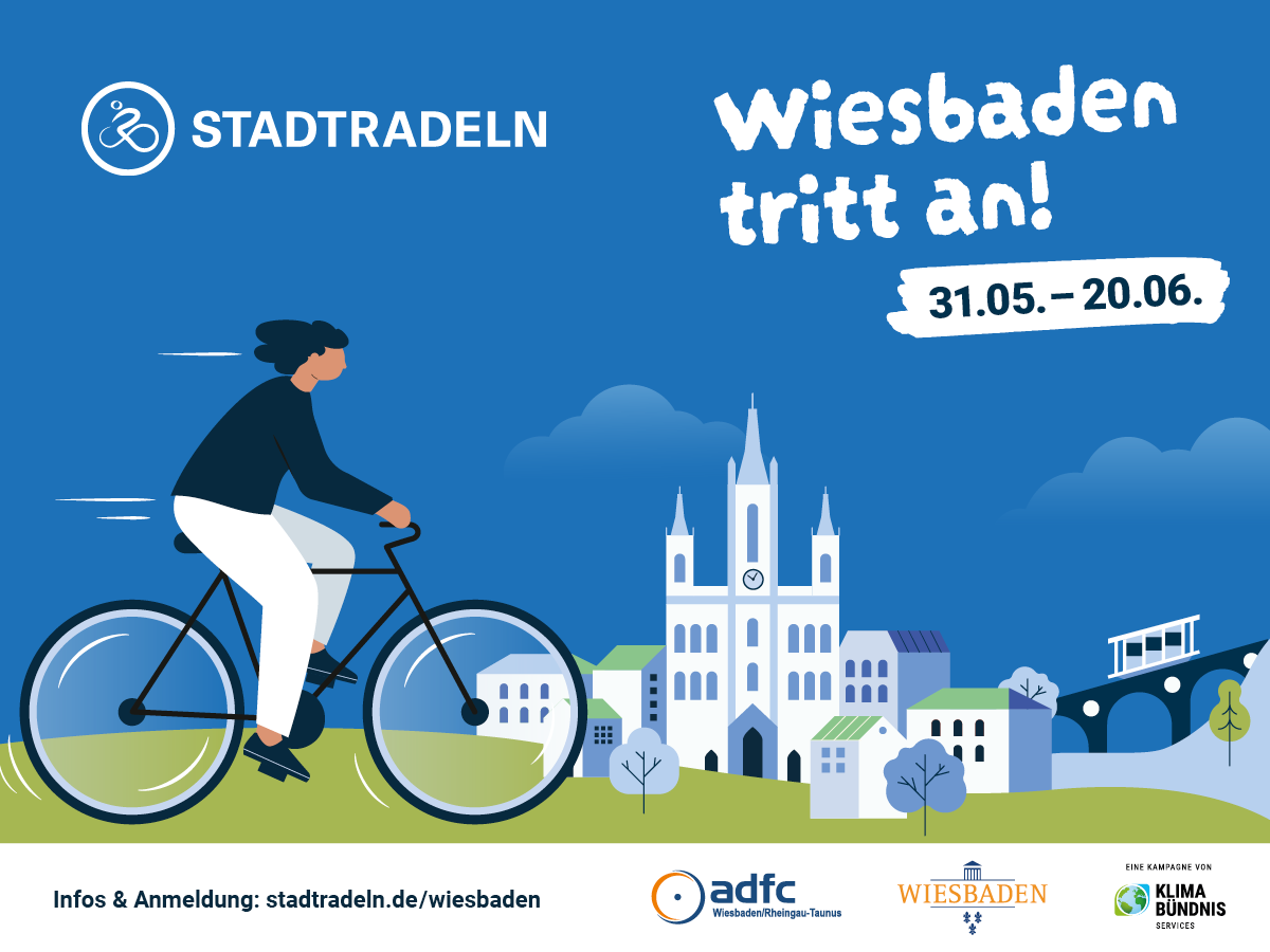 Stadtradeln Logo Wiesbaden. Wiesbaden Tritt an. 31.05. - 20.06..Radfahrerin vor diversen gebäuden aus Wiesbaden und der Nerobergbahn 