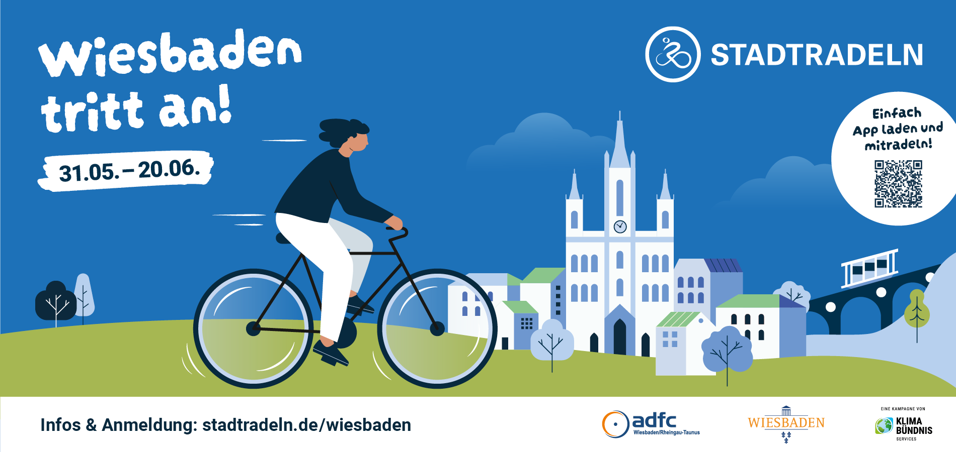 Stadtradeln Logo Wiesbaden. Wiesbaden Tritt an. 31.05. - 20.06..Radfahrerin vor diversen gebäuden aus Wiesbaden und der Nerobergbahn 